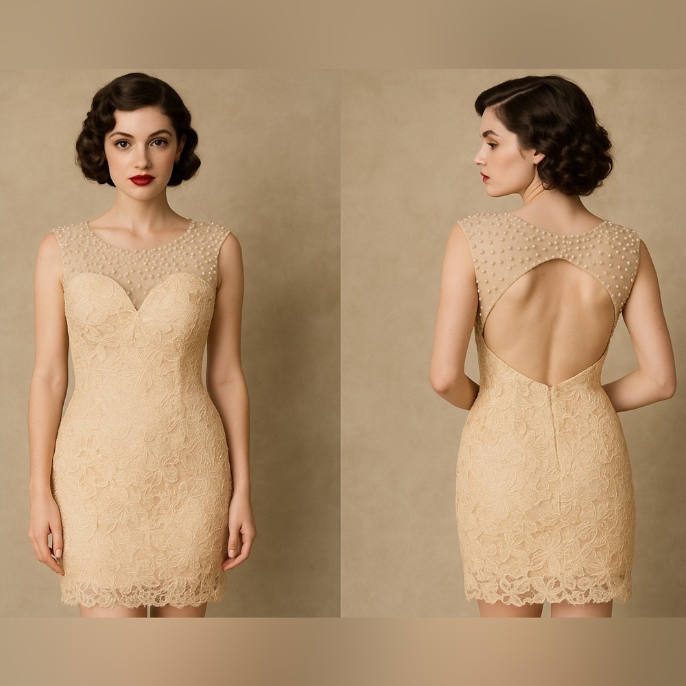 Vienna Prom Champagne Lace Dress Sz 2 Pearl Illusion Neckline Open Back